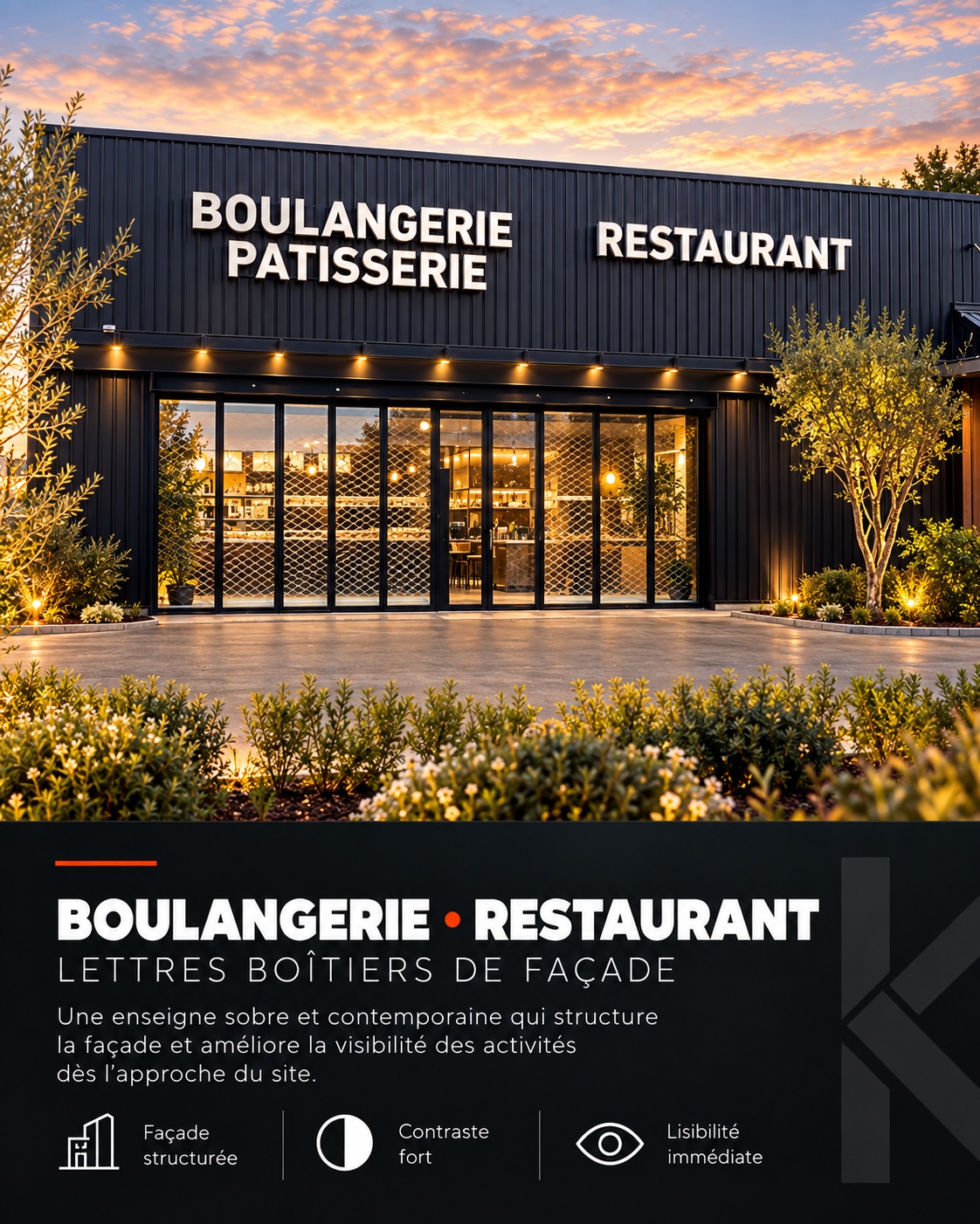 Boulangerie · Restaurant — Lettres boîtiers de façade