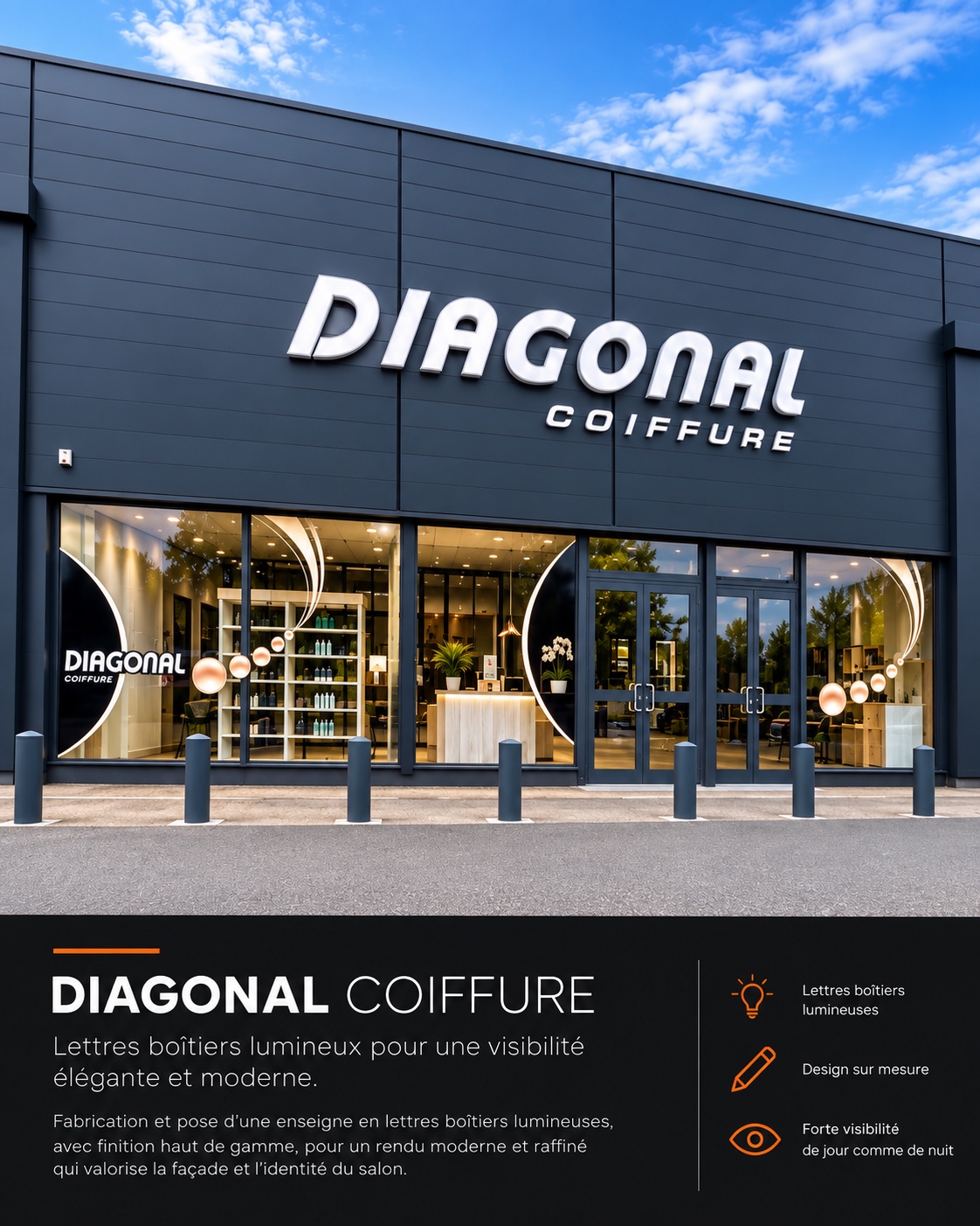 Diagonal Coiffure — Lettres boîtiers lumineuses