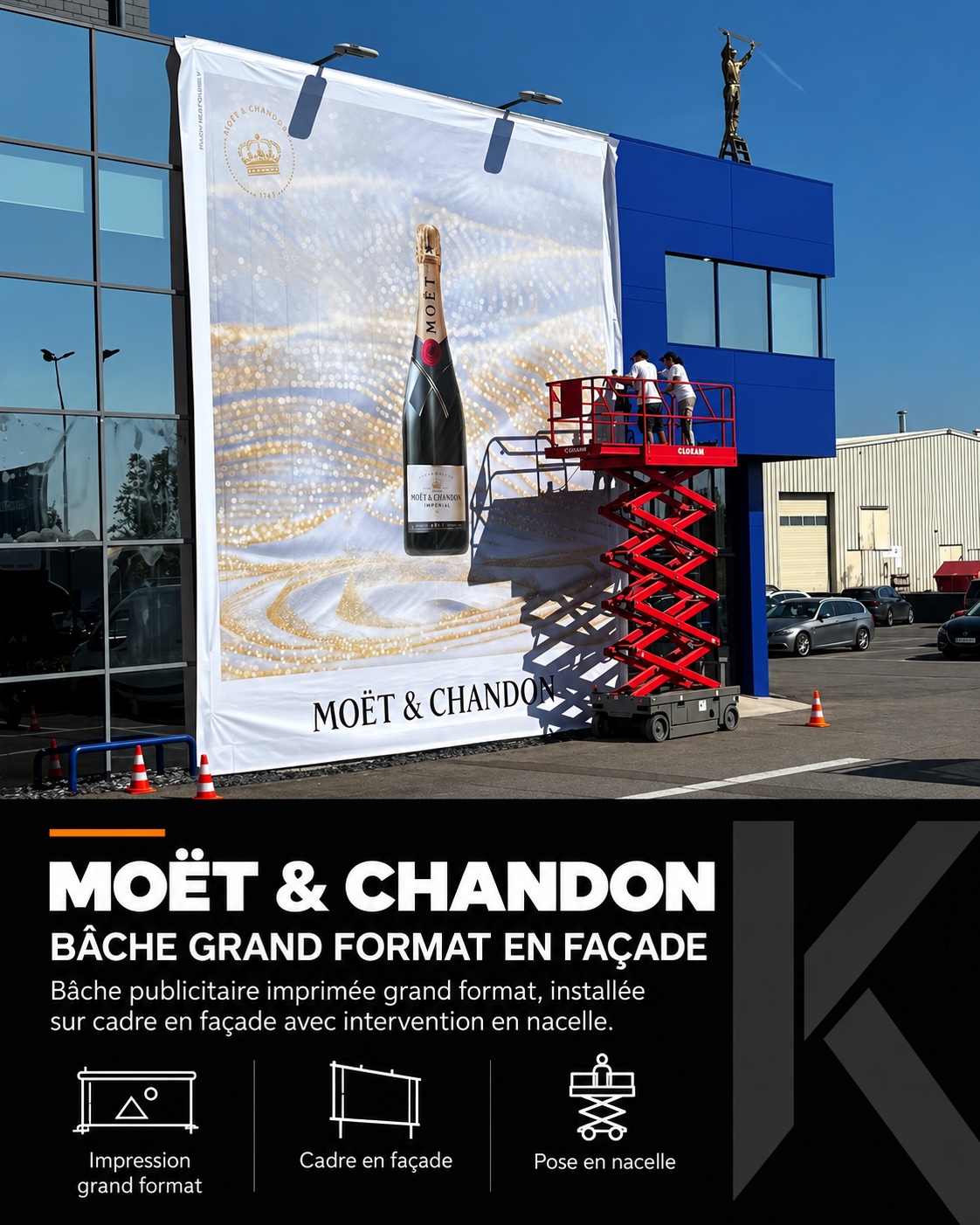 Moët & Chandon — Bâche grand format tendue sur cadre en façade