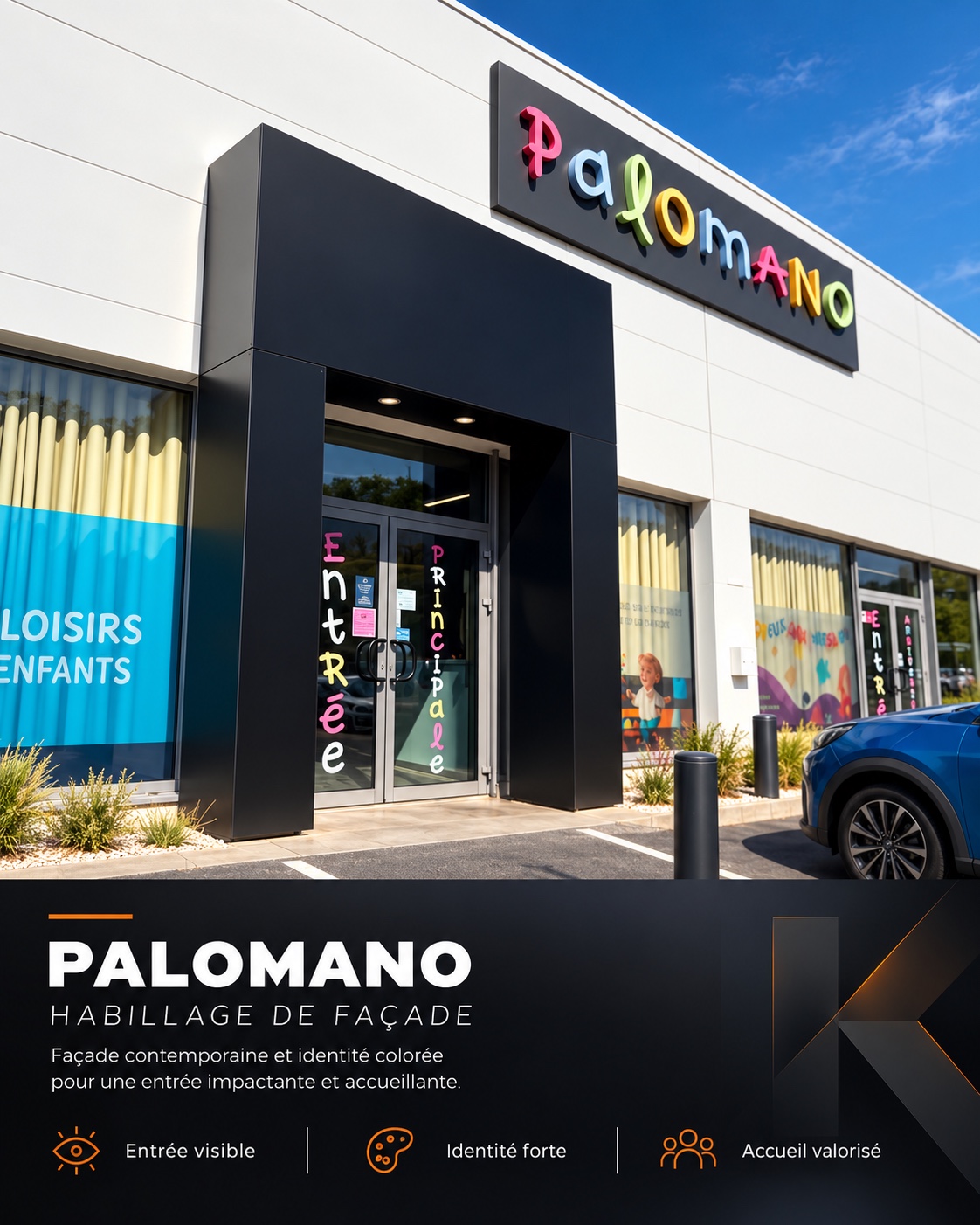 Palomano — Enseigne sur caisson et habillage de façade